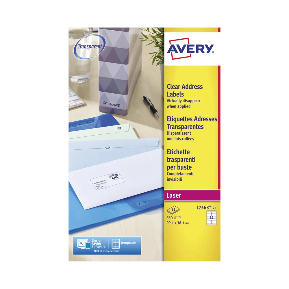 AVL7563S_01 Avery Laser Labels 99.1x38.1 14 Per Sheet Clear (Pack of 350) L7563S - Image 1