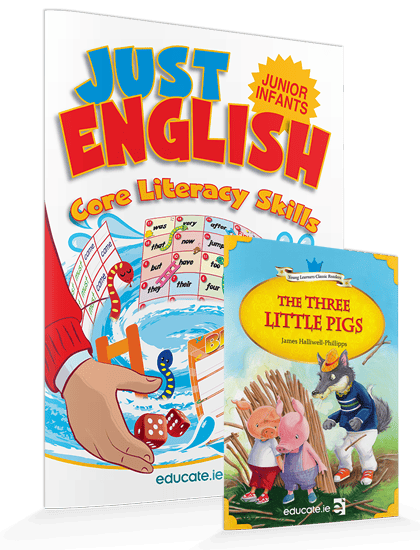 justenglishJF 9781910936689 Just English Junior Infants + FREE novel The Three Little Pigs Educate - Image 1